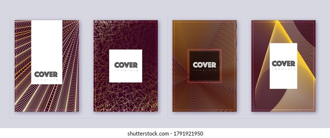 Hipster brochure design template set. Gold abstract lines on bordo background. Amazing brochure design. Imaginative catalog, poster, book template etc.