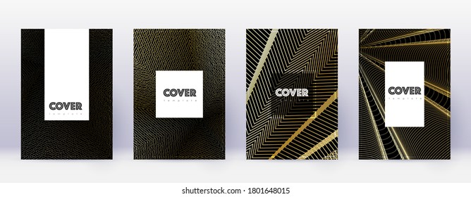 Conjunto de plantillas de diseño de folleto de Hipster. Líneas abstractas de oro sobre fondo negro. Increíble diseño de folletos. Fantástico catálogo, afiche, plantilla de libro, etc.