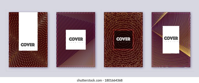 Hipster brochure design template set. Gold abstract lines on bordo background. Amazing brochure design. Great catalog, poster, book template etc.