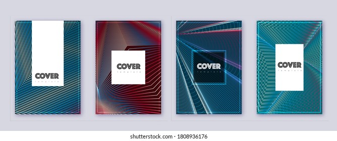 Conjunto de plantillas de diseño de folleto de Hipster. Líneas abstractas rojas sobre fondo azul blanco. Divertido diseño de folletos. Catálogo agradable, afiche, plantilla de libro, etc.
