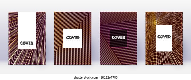 Hipster brochure design template set. Gold abstract lines on bordo background. Amazing brochure design. Nice catalog, poster, book template etc.
