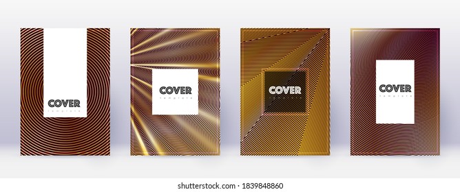 Hipster brochure design template set. Gold abstract lines on bordo background. Amazing brochure design. Lively catalog, poster, book template etc.