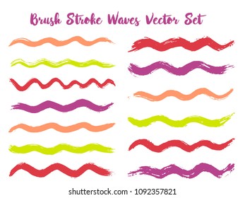 Hipster brush stroke waves vector set. Hand drawn green purple brushstrokes, ink splashes, watercolor splats, hand painted curls. Interior colors guide book swatches. Textured waves, stripes design.
