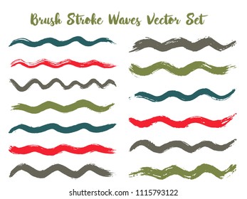 Hipster brush stroke waves vector set. Hand drawn green red brushstrokes, ink splashes, watercolor splats, hand painted curls. Interior colors guide book elements. Summer design paint brush curves.