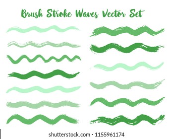 Hipster brush stroke waves vector set. Hand drawn green brushstrokes, ink splashes, watercolor splats, hand painted curls. Interior paint color palette elements. Textured waves, stripes design.