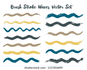 Hipster brush stroke waves vector set. Hand drawn grey blue brushstrokes, ink splashes, watercolor splats, hand painted curls. Color combinations catalog elements. Summer design paint brush curves.