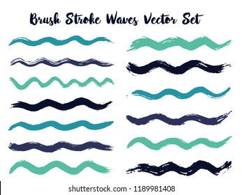 Hipster brush stroke waves vector set. Hand drawn blue purple brushstrokes, ink splashes, watercolo-r splats, hand painted curls. Interior colors guide book swatches. Wavy strip vector set.
