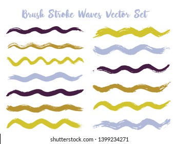 Hipster brush stroke waves vector set. Hand drawn gold grey brushstrokes, ink splashes, watercolor splats, hand painted curls. Interior colors guide book swatches. Wavy stripes vector set.