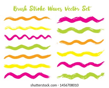 Hipster brush stroke waves vector set. Hand drawn green pink orange brushstrokes, ink splashes, watercolor splats, hand painted curls. Interior colors scheme elements. Wavy stripes vector set.