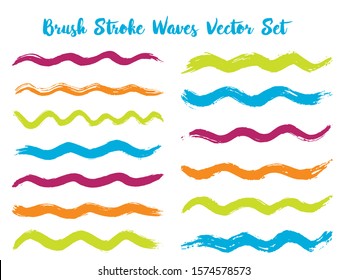 Hipster brush stroke waves vector set. Hand drawn cyan green brushstrokes, ink splashes, watercolor splats, hand painted curls. Interior paint color palette elements. Summer design paint brush curves.
