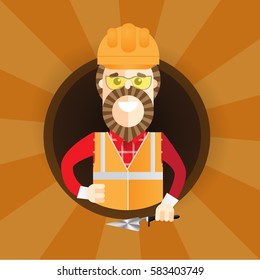 Hipster builder with beard. Vector flat design illustration in the circle isolated on background. Set of the professions
