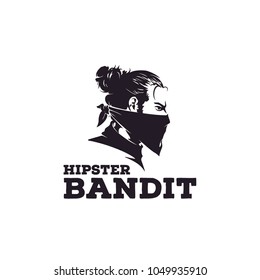 Hipster Bun hair Bandit with Bandana Scarf Mask illustration Logo design 