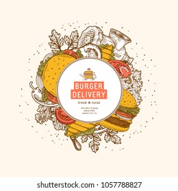 Hipster burger round design template. Snack collection. Menu template. Fast food. Vector illustration