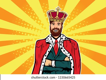 Hipster Business King. Businessman With Beard And Crown. Man Leader, Success Boss, Human Ego. Vector Retro Pop Art Comic Drown Illustration.