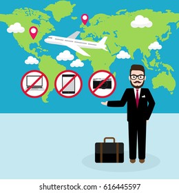 Hipster Businessman with Ban electronic devices laptop, tablet, camera on flight Concept.