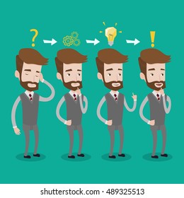 A hipster businessman with the beard during business planning. Young businessman with a question mark, gears, idea light bulb and exclamation sign. Vector flat design illustration. Square layout.