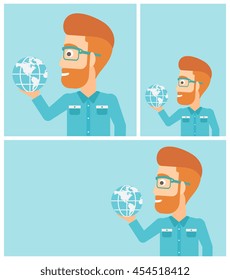 A hipster businessman with the beard holding Earth globe in hand. Concept of global business. Vector flat design illustration. Square, horizontal, vertical layouts.