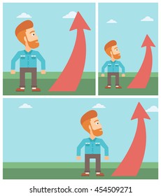 A hipster businessman with the beard looking at a red arrow going up. Successful business concept. Vector flat design illustration. Square, horizontal, vertical layouts.