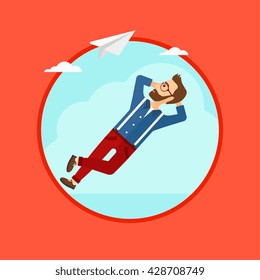 A hipster businessman with the beard lying on a cloud and looking at flying paper plane. Business man relaxing on a cloud. Vector flat design illustration in the circle isolated on background.