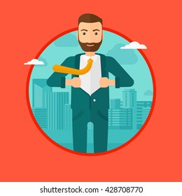 A hipster businessman with the beard opening hisr jacket like superhero on the background of modern city. Businessman superhero. Vector flat design illustration in the circle isolated on background.