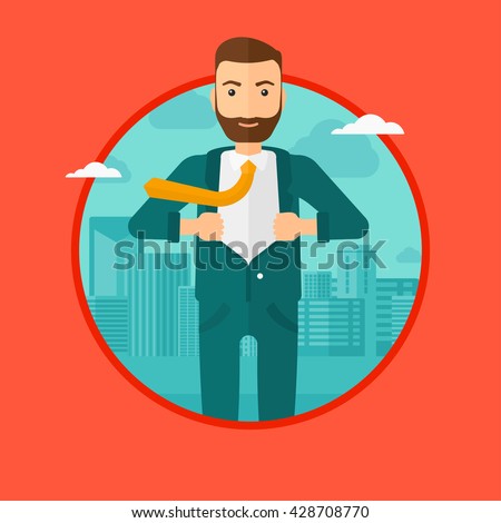 A hipster businessman with the beard opening hisr jacket like superhero on the background of modern city. Businessman superhero. Vector flat design illustration in the circle isolated on background.