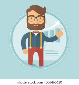 A hipster businessman with the beard pointing finger up and giving a business presentation on the background of growing chart. Vector flat design illustration in the circle isolated on background.