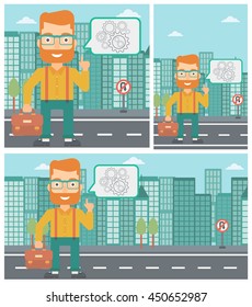 A hipster businessman with the beard pointing his forefinger at cogwheels on a city background. Vector flat design illustration. Square, horizontal, vertical layouts.