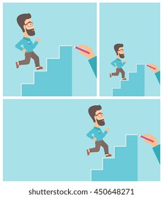 A hipster businessman with the beard running up the stairs drawn by hand with pencile. Concept of business career. Vector flat design illustration. Square, horizontal, vertical layouts.