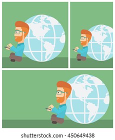 A hipster businessman with the beard sitting near big Earth globe and holding a smartphone in hands. Concept of global business. Vector flat design illustration. Square, horizontal, vertical layouts.
