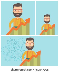 A hipster businessman with the beard standing behind growing chart. Successful business concept. Vector flat design illustration. Square, horizontal, vertical layouts.