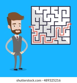 Hipster businessman with the beard standing in front of a maze with red arrow showing the way out. Businessman looking at the labyrinth with a solution. Vector flat design illustration. Square layout.