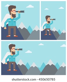 Hipster businessman with the beard standing on the top of mountain with spyglass. Businessman looking for success, opportunities. Vector flat design illustration. Square, horizontal, vertical layouts.