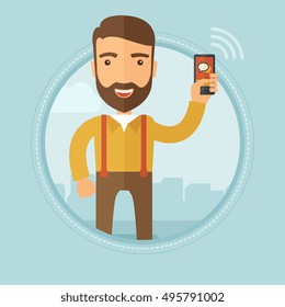 Un empresario hipster con barba usando un smartphone en la calle de la ciudad. Joven empresario caucásico charlando en un teléfono móvil. Ilustración de diseño plana vectorial en el círculo aislado en el fondo.