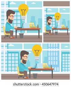 Hipster businessman with the beard working on laptop in office and idea bulb above the table. Successful business idea concept. Vector flat design illustration. Square, horizontal, vertical layouts.