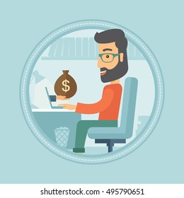 Hipster businessman with beard working on computer in office and a bag of money coming out of his laptop. Online business concept. Vector flat design illustration in the circle isolated on background.