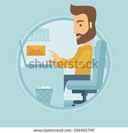 Hipster businessman with beard working on his laptop in office and receiving or sending email. Business technology, email concept. Vector flat design illustration in the circle isolated on background.