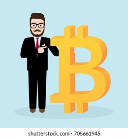 Hipster Businessman with bitcoin sign, digital currency, cryptocurrency, electronic money