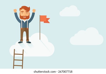 A hipster businessman climbed using the ladder and standing on the top of the cloud holding the red flag. Leadership concept. A contemporary style with pastel palette soft blue tinted background with