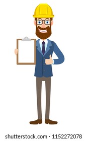 Hipster Businessman in construction helmet holding clipboard and showing thumb up. Full length portrait of Cartoon Hipster Businessman Character. Vector illustration in a flat style.