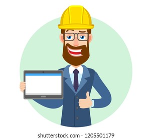 Hipster Businessman in construction helmet holding tablet PC and showing thumb up. Portrait of Cartoon Hipster Businessman Character. Vector illustration in a flat style.