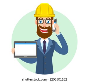 Hipster Businessman in construction helmet holding tablet PC and talking on mobile phone. Portrait of Cartoon Hipster Businessman Character. Vector illustration in a flat style.
