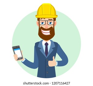 Hipster Businessman in construction helmet holding mobile phone and showing thumb up. Portrait of Cartoon Hipster Businessman Character. Vector illustration in a flat style.