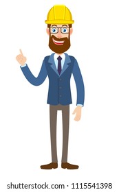 Hipster Businessman in construction helmet pointing up. Full length portrait of Cartoon Hipster Businessman Character. Vector illustration in a flat style.