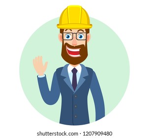 Hipster Businessman in construction helmet raised a hand in greeting. Portrait of Cartoon Hipster Businessman Character. Vector illustration in a flat style.
