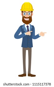 Hipster Businessman in construction helmet showing something beside of him. Full length portrait of Cartoon Hipster Businessman Character. Vector illustration in a flat style.