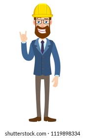 Hipster Businessman in construction helmet showing Rock and Roll sign. Full length portrait of Cartoon Hipster Businessman Character. Vector illustration in a flat style.