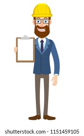 Hipster Businessman in construction helmet  showing clipboard. Full length portrait of Cartoon Hipster Businessman Character. Vector illustration in a flat style.
