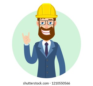 Hipster Businessman in construction helmet showing Rock and Roll sign. Portrait of Cartoon Hipster Businessman Character. Vector illustration in a flat style.