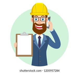 Hipster Businessman in construction helmet talking on mobile phone and showing clipboard. Portrait of Cartoon Hipster Businessman Character. Vector illustration in a flat style.