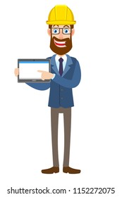 Hipster Businessman in construction helmet  using tablet PC. Full length portrait of Cartoon Hipster Businessman Character. Vector illustration in a flat style.